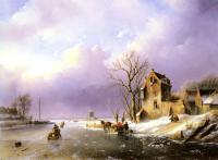 Jan Jacob Coenraad Spohler - Winter landscape With Figures On A Frozen River